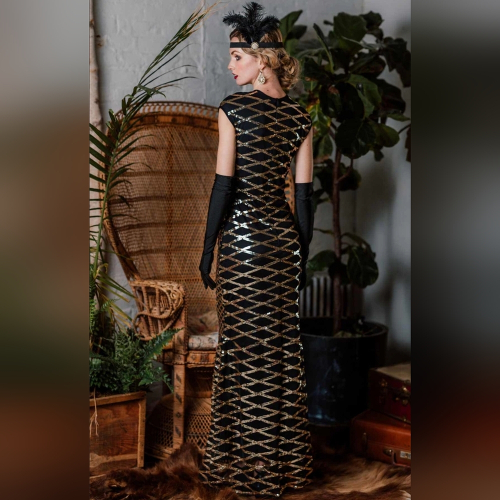 Retro Stage Gold and Black Sequin 1920s Evening Gown Size S NWT - Picture 4 of 13